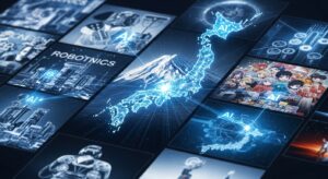 A futuristic collage representing Japan’s key industries — robotics, manufacturing, creative media, and technology — all interconnected by glowing AI data streams shaped like the map of Japan. In the center, a luminous neural network overlays Mount Fuji, symbolizing innovation and harmony between technology and craftsmanship. Style: cinematic, high-detail, hopeful lighting, blue and white tones.