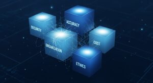 Conceptual image showing five floating glowing cubes labeled “Accuracy,” “Security,” “Cost,” “Organization,” and “Ethics,” connected by fragile digital threads over a dark blue background. One cube is slightly cracked, symbolizing potential failure risks in AI implementation. Style: futuristic minimalism, dark blue tones, glowing neon lines.