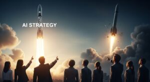 A strong metaphorical scene: a rocket labeled “AI Strategy” launching successfully, while another without direction crashes mid-air. Below, business people watch, symbolizing that planning and purpose lead to success. Style: cinematic, dramatic lighting, contrast between success (bright) and failure (dark).
