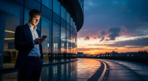 夕暮れ時、ビルの外でスーツ姿の人がスマホを見つめている。 新しい一歩を踏み出そうとする瞬間の緊張と期待。 空のグラデーションが印象的なフォトリアル写真。