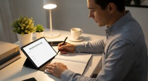 週次レビューを行う社会人。 ノートやタブレットを見ながら「今週の振り返り」と書かれたページを見つめる。 穏やかな光と清潔なデスク。フォトリアル構図。
