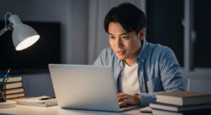 ノートパソコンの前で真剣にコード学習に取り組む20〜30代の日本人。夜の自宅デスク、柔らかい光が画面を照らす。背景には本やメモが並び、希望と不安が入り混じった表情。挑戦の始まりを感じさせる構図。フォトリアル、