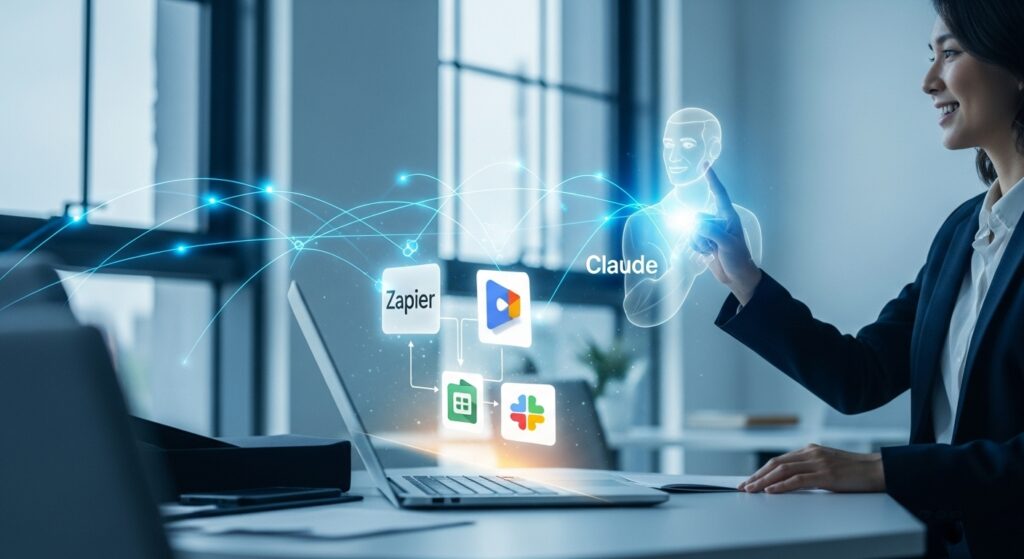 モダンなオフィスで、ビジネスパーソンがAIアシスタント（Claudeのホログラム）と対話している。 ノートPCの画面に「Zapier」「Google Sheets」「Slack」などのアイコンが光り、 データが自動で流れていく様子を可視化。 背景にはデジタルな光のラインが走り、業務自動化を象徴する未来的な雰囲気。 キーワード: フォトリアル, クリーン, 青×白基調, 自然光, 希望的トーン, AI × 自動化。