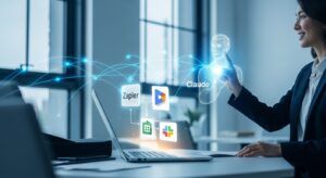 モダンなオフィスで、ビジネスパーソンがAIアシスタント（Claudeのホログラム）と対話している。 ノートPCの画面に「Zapier」「Google Sheets」「Slack」などのアイコンが光り、 データが自動で流れていく様子を可視化。 背景にはデジタルな光のラインが走り、業務自動化を象徴する未来的な雰囲気。 キーワード: フォトリアル, クリーン, 青×白基調, 自然光, 希望的トーン, AI × 自動化。