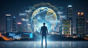 都市夜景を見下ろす未来的なオフィス。 手前に立つビジネスリーダーがホログラムの地球とAIネットワークを見つめている。 半透明のUIに「Security」「Cost」「Ethics」「Innovation」などの文字が浮かぶ。 「課題と希望のバランス」を象徴する構図。 キーワード: フォトリアル, 未来都市, デジタル地球, AIネットワーク, 青と金の光, グローバルテック。