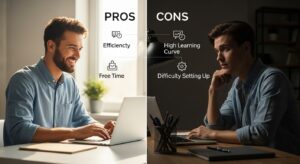 分かりやすい2分割構図。 左側には明るい光と笑顔のユーザー（メリット：効率化・自由時間）、 右側には暗めのトーンで考え込むユーザー（デメリット：学習コスト・設定の難しさ）。 キーワード: pros and cons, balance, productivity, decision making, photoreal, soft contrast light.