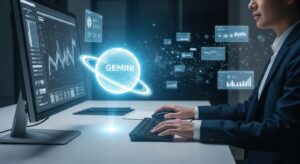 未来的なオフィスのデスク。 モニターの前に座るビジネスパーソンの背後に、 青白く発光するホログラム状のAI（Geminiロゴを想起させる球体や光のリング） が、人間の代わりにキーボードやマウスを操作している。 背景にはデジタルの粒子とUIウィンドウが浮遊し、 「人とAIの協働」を象徴する構図。 キーワード: Gemini 2.5, Computer Use Model, AI Agent, photoreal, futuristic office, holographic assistant, glowing blue light, productivity, innovation.