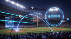 超満員のMLBスタジアム。夜空に輝く照明の中、 ピッチャーが投球する瞬間をAIホログラムが空中で分析している。 投球軌道を示す青白い光のラインや、選手データがAR風に浮かび上がる。 背景には「Gemini」のロゴを想起させる光のリング。 キーワード: Gemini AI, baseball, MLB World Series, photoreal, holographic interface, stadium lights, data visualization, blue neon effect, excitement.