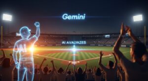 スタジアムの夜景を背景に、AIホログラムと観客が一緒に歓声を上げる。 フィールド上では光のラインが走り、AIがプレーを解析中。 空には「Gemini」の光のロゴが浮かぶ。 希望と感動を象徴する暖色の光。 キーワード: AI sports revolution, Gemini 2.5, baseball excitement, human-AI future, photoreal night stadium, warm glow, innovation, emotion.