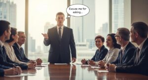 ミーティング中、若手社員が「恐れ入りますが…」と丁寧に発言している。 周囲の上司や先輩は穏やかな表情で聞いている。 「配慮ある伝え方」と「円滑なコミュニケーション」を象徴する温かい構図。