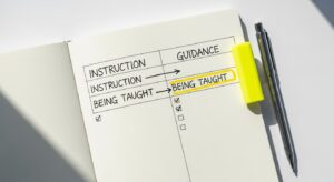 ノートに「ご教示・ご教授・ご指導・お教えいただく」と書かれた比較表。 手書きの矢印と強調マーカーが引かれている。 「整理・理解」を象徴する構図。 ミニマルで知的なデザイン、白背景中心、フォトリアル、