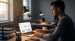 ノートPCで転職サイトを見ながら思案するエンジニア。 画面には「Green」「ビズリーチ」「Wantedly」などのロゴ風UI。 「新しいチャンスを探す」決意の瞬間。 夕方の光、静かなオフィス、自信ある表情、フォトリアル、