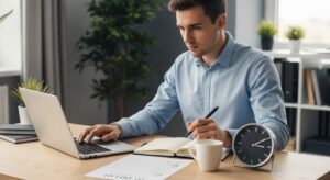 ノートパソコンと手帳を見比べながらスケジュールを整理する若手社員。自己管理を象徴する構図。