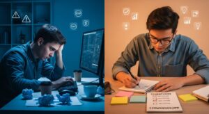 疲れた表情で深夜にPC作業をする人と、それを乗り越えて改善策を書き出す同一人物の対比。デュアルトーン（青とオレンジ）で「失敗と成長」の対比を表現。注意点や改善の象徴としてチェックリストや警告アイコンを添える。フォトリアル、