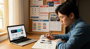 ノートパソコンとノートを開き、真剣にIT業界の情報を調べる20〜30代の日本人。背景に求人票やスキルマップが映るデスク環境。温かい昼の自然光、集中と決意を感じる構図。フォトリアル、