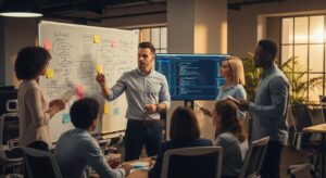 コードのスクリーンを背景に、ホワイトボードで議論する多国籍チーム。中央にはリーダーシップを発揮するエンジニア。チームワークとロジカルシンキングを象徴する構図。温かい照明のオフィス環境、フォトリアル、