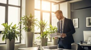 明るいオフィスで、開放的な笑顔のビジネスパーソンが資料を閉じ、深呼吸をしている瞬間。背景には自然光と観葉植物。緊張から解放され、軽やかに前へ進む象徴。フォトリアル、温かい光、
