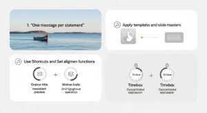 4コマ風レイアウト。 ①「1スライド1メッセージ」—タイトルに主張のみ、要素最小。 ② テンプレ適用とスライドマスター設定—統一感のある全体プレビュー。 ③ ショートカットや整列機能の使用—キー操作のモーション軌跡。 ④ タイムボックス—15分・30分のタイマーと集中する表情。 フォトリアル+軽いUIオーバーレイ、16:9、明るいトーン。