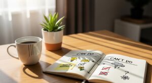 穏やかな朝のデスク。ノートに「できること/できないこと」を分ける線引き図。 横にはコーヒーと観葉植物、外の光が柔らかく差し込む。 心を整理する思考リセットの象徴。フォトリアル、ナチュラルトーン、16:9。