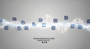 透明な波形の上に5つのアイコン: ⏰「時間短縮」、💻「ノンコード」、🌐「属人化の解消」、🎯「ミス削減」、🔗「連携強化」。 光が波のように流れるデジタルアート。 シンボリック構図 / ビジネスとテクノロジーの融合を象徴。