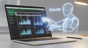ノートPCの画面に開いたExcelシート。 数字やグラフが自動的に更新されるアニメーション風。 右上にClaudeのホログラムアイコンが輝き、AIがデータを操作している。 キーワード: データ集計, 自動化, 効率化, ビジネス現場, 清潔感のあるデザイン。