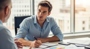 デスクでノートを開き、メモを取りながら上司の話を真剣に聞く若手社員。努力と成長を感じる構図。