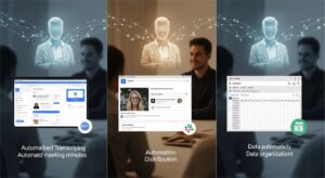 3つの場面をひとつの構図にまとめたコラージュ。 左：Zoom会議の音声を自動文字起こしして要約（議事録自動化） 中央：ニュースサイトから情報を収集してSlackに投稿（情報自動配信） 右：スプレッドシートに自動入力されるデータ（データ整理） 背景にClaudeのホログラムが光り、各作業がAIでつながっている。 キーワード: AI業務効率化, ビジネス自動化, 複数シーン, 光のラインで連携, スマートワーク, フォトリアル。