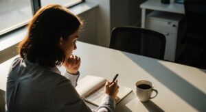窓際のデスクで一人の社員がノートを書きながら考え込んでいる。机の上にはペン、コーヒー、メモ帳。背景は静かなオフィス。朝の柔らかな光が差し込み、内省的で落ち着いた雰囲気。