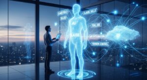 フォトリアルで未来志向の開発シーン。 近未来のガラス張りのオフィスに立つエンジニア。 彼の前には、青白く輝く巨大なホログラムのAI（Claude）が浮かび、 無数のデータラインが空中を走り、外部APIやシステムと繋がっている。 背景には、夜明けの都市とデータクラウドが光の層で広がる。 AIのホログラムには「Claude Skills」「Tool Use」「API Integration」「Version Control」などの光文字が浮遊。 全体として「テクノロジー × 革新 × 信頼感」を感じさせるビジュアル。 キーワード: Claude Skills, API Integration, Developer, Futuristic Office, Blue Light, Data Network, Holographic Interface, AI Collaboration, Innovation, Photoreal, Clean, Trustworthy Tone, Morning Light.