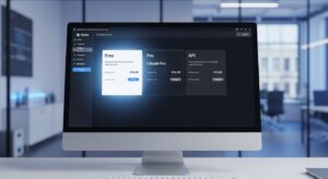 パソコン画面に料金プラン表（Free / Pro / API）を示すUIが浮かぶ。 背景には穏やかなオフィス、青白い光で「FREE」タグが目立つ。 キーワード: pricing plan, subscription UI, technology cost, Claude Pro, photoreal, calm lighting, professional look.