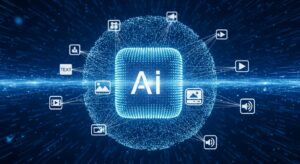 巨大なAIコア（立体的な球体構造）を中心に、 テキスト・画像・音声・動画のアイコンが光の軌跡で結ばれている。 背景はディープブルーの情報空間で、データが流れるような演出。 「マルチモーダル認識」「推論能力」「データ融合」の技術的進化を象徴。 キーワード: Gemini architecture, multimodal AI, DeepMind technology, data fusion, neural core, glowing data streams, 3D render, photoreal sci-fi tone.