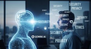 スポーツアナリストの横に浮かぶAIホログラム。 両者が議論するように向かい合っており、 背景には「セキュリティ」「プライバシー」「倫理」といったキーワードが浮遊。 クールトーンでややシリアスな印象。 キーワード: AI ethics, data privacy, Gemini AI, human-AI collaboration, photoreal conference room, security lock symbol, blue-gray tone.