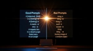 モニター上に「良いプロンプト」と「悪いプロンプト」の比較。 光のラインが「抽象的→具体的」へと変化。 背景にはインスピレーションを象徴する光の閃き。 キーワード: prompt engineering, creative writing visualization, photoreal glowing text, AI language understanding.