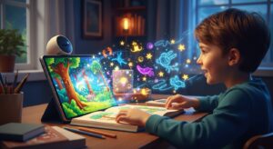 A child sitting at a desk joyfully creating a colorful storybook with an AI assistant on a tablet. The screen shows bright illustrations coming to life — a forest, animals, stars — as if the story is being drawn in real time. The child’s face glows with wonder and imagination. Style: vivid, whimsical, photoreal with fantasy elements, vibrant colors, cinematic lighting, Google aesthetic.