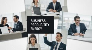 A collage of multiple business scenes showing Gemini in action: A marketer generating ad copy. A salesperson dictating notes via voice. A designer reviewing AI-generated visuals. A manager analyzing a data dashboard. Each panel connected with glowing network lines and Gemini icons. Style: photoreal collage, business productivity energy, dynamic layout, vivid contrast.