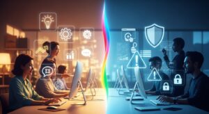 Split-screen composition showing two sides of AI integration: Left — glowing productivity icons and people working efficiently. Right — shield icons, warning triangles, representing data privacy and caution. Center line glowing with Google colors, symbolizing balance. Style: conceptual photorealism, soft gradient lighting, equilibrium tone.