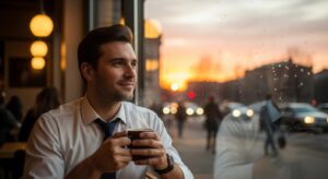 夕方の街を歩く社会人。カフェでリラックスする姿。
