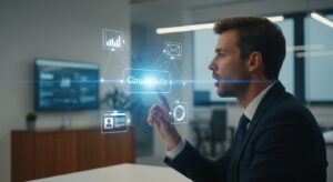 A professional office environment with a businessperson giving a voice command to a holographic AI dashboard labeled “Claude Skills.” Around the AI, icons of charts, emails, CRM dashboards, and analytics glow in mid-air, representing automation. Style: photorealistic, warm lighting with blue holographic accents.