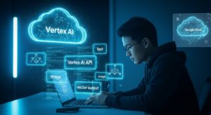 A developer coding on a laptop, holographic code and JSON structures floating around labeled “Vertex AI API,” “text,” “image,” “vector output.” A secure data cloud in the background symbolizing Vertex AI. Style: photorealistic tech workspace, neon cyan lighting, subtle Google Cloud branding.