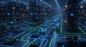 Autonomous mobile robots (AMRs) navigating a vast warehouse filled with packages and glowing sensors. A central AI control hologram labeled “Gemini” coordinates multiple robots in real-time. Style: realistic, wide-angle warehouse view, glowing navigation paths, futuristic tone.