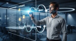 A business analyst adjusting an AI prompt on a large holographic screen, with glowing arrows forming a feedback loop between human and AI. The interface shows structured text and small notes like “Refine,” “Add Context,” “Simplify.” The scene represents iteration, learning, and optimization. Style: cinematic composition, soft blue holographic light, futuristic office, clear and focused visual flow.