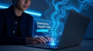A person downloading ChatGPT Atlas on a laptop, holographic installation progress bar above the screen. Blue waves of data connect to the device, symbolizing onboarding and transformation. Style: photorealistic, clean tech background, user-focused.