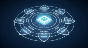 A layered security shield protecting an AI core with eight glowing nodes labeled “Guidelines,” “Access Control,” “Training,” “Monitoring,” etc. Style: infographic, blue-white palette with glowing concentric shields.