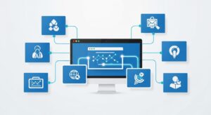 A collage-style composition showing multiple AI-automated browser tasks: web scraping data, analyzing graphs, filling forms, generating reports. In the center, a glowing AI symbol orchestrates all actions simultaneously. Style: infographic realism, clean and professional, blue and white tones.