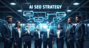 A business team standing before a giant glowing roadmap titled “AI SEO Strategy,” with milestones such as “Content Authenticity,” “API Integration,” and “User Trust.” Style: corporate futuristic aesthetic, clear typography, bright blue-white light.