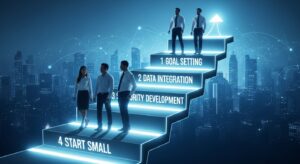 A digital roadmap made of glowing steps labeled: “①目的設定,” “②データ連携,” “③セキュリティ構築,” “④スモールスタート.” A team walks upward along the illuminated path toward a futuristic city. Style: clean infographic realism, blue-white tone, sense of forward progress.