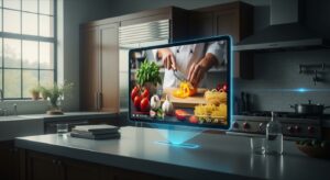 A cinematic kitchen scene where Gemini’s holographic interface generates a beautiful cooking video on a floating screen — fresh ingredients, cutting motion, camera focus simulation. Style: cinematic realism, shallow depth of field, natural color balance.