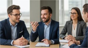 面接シーンのコラージュ風構図：人事面接、部長面接、最終役員面接の3シーンをイメージ。 各シーンで、応募者が質問している姿を描く。 穏やかでプロフェッショナルな空気感。 「会話」「誠意」「成長意欲」を感じさせるフォトリアル写真。