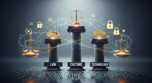 A balanced concept image showing three pillars labeled “Law,” “Culture,” and “Technology,” standing on a digital circuit foundation. Around them, glowing lines of AI code and legal symbols (scales of justice, padlock icons, and cultural motifs like a folding fan) intertwine. The scene conveys both complexity and the need for harmony. Style: symbolic, slightly dramatic contrast, cool gray and deep blue palette with golden highlights.