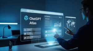 A futuristic workspace with a glowing holographic browser interface labeled “ChatGPT Atlas,” displaying AI-generated summaries, charts, and conversation threads. A person interacts with the floating interface through gestures, while a digital assistant projects helpful insights. The scene captures the concept of “AI-integrated browsing” and the end of traditional keyword search. Style: cinematic realism, cool lighting (blue × silver), sleek minimalist tech aesthetic.